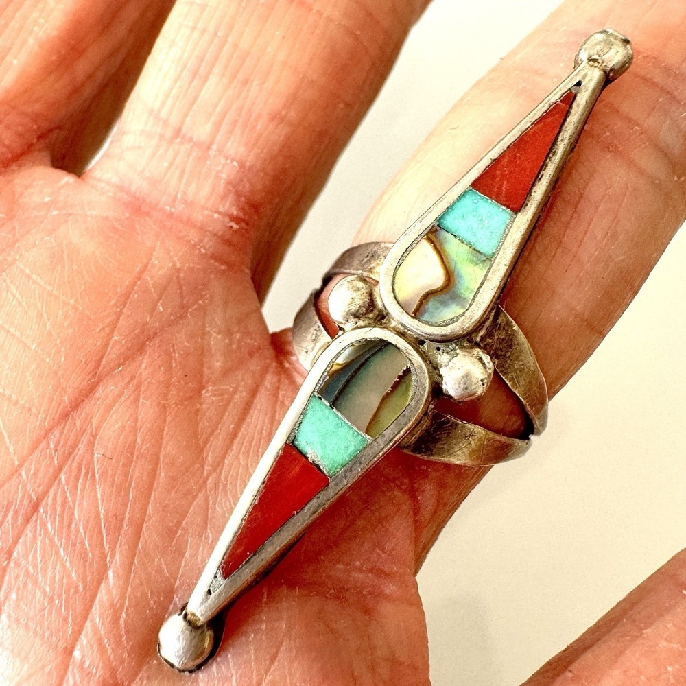 VTG Navajo Turquoise Red Coral Ring Sz 6.5 Sterling Long‎ 60s MCM Native Amer